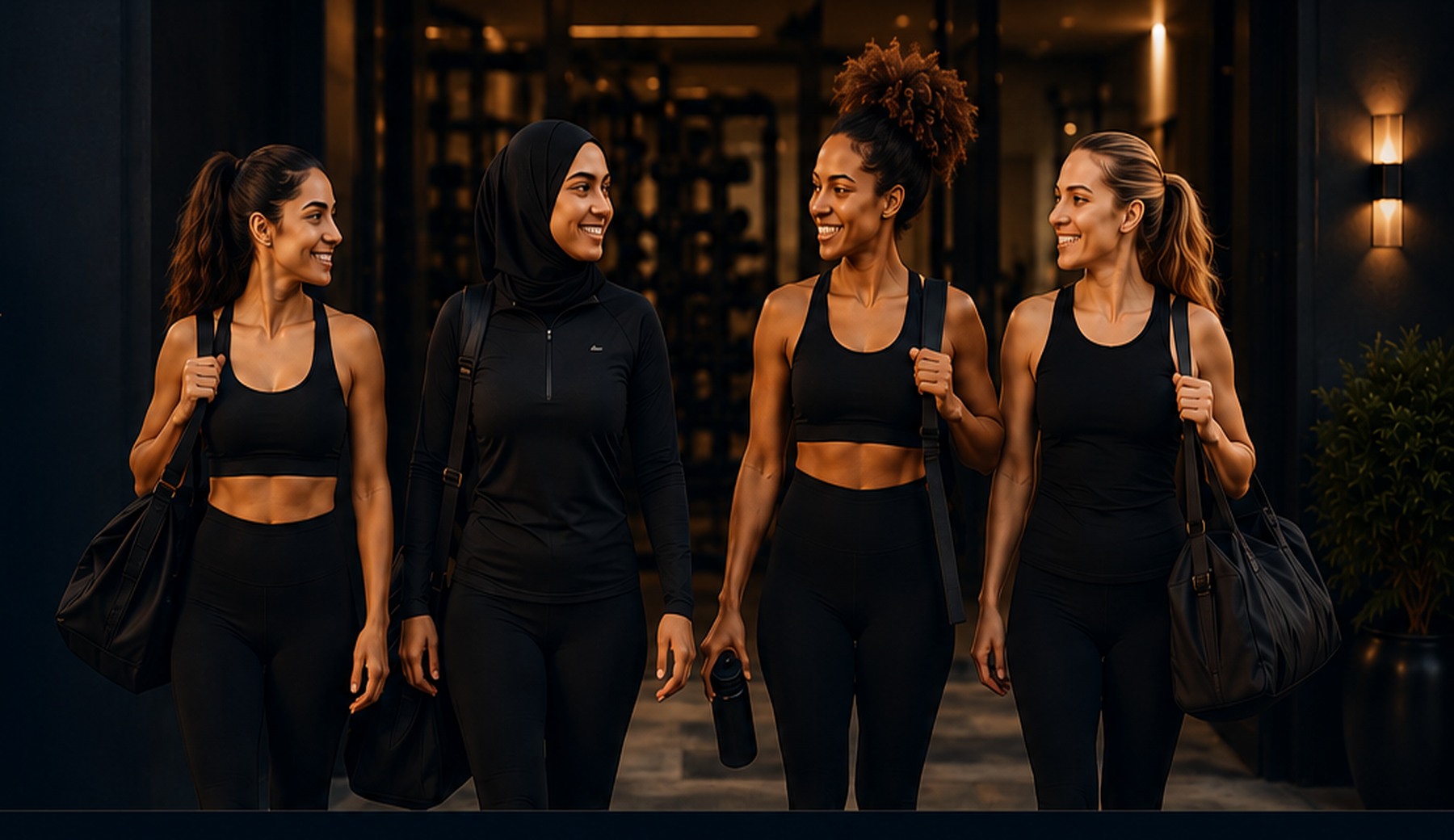 Four women in black fitness attire walking together outside a fitness studio